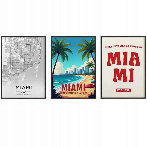 Obrazy Miami Mapa Pláž Retro Plakáty Rámečky Dřevěné Černé 3ks 30x42 cm