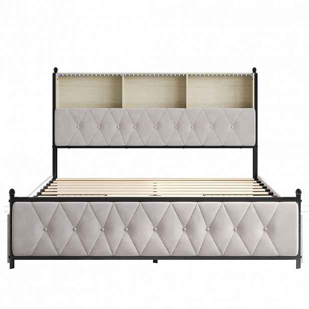 SHOPENTRA ÚLOŽNÝ prostor pod postel 160x200cm béžový samet s LED a USB-C