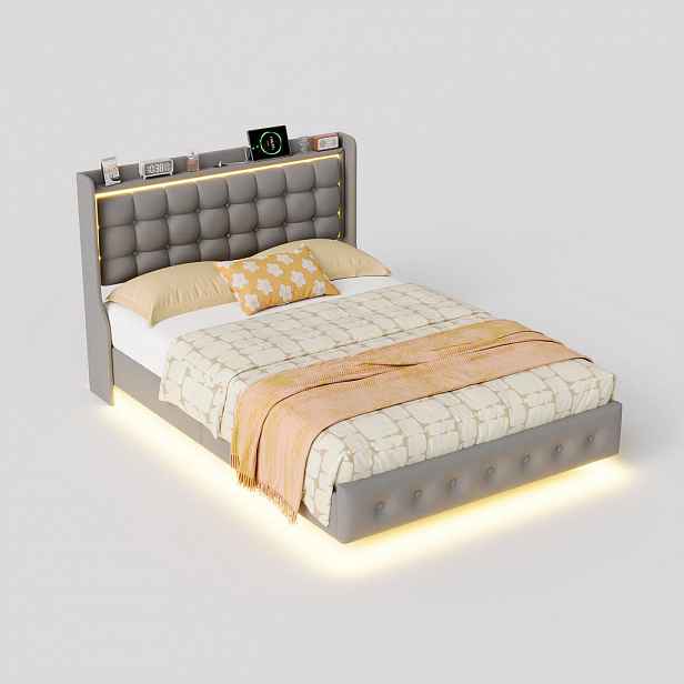 SHOPENTRA MANŽELSKÁ postel 160x200 šedý samet, RGB-LED, USB, čelo s knoflíky