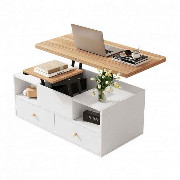 Redom KONFERENČNÍ stolek 100/50/47,5 cm s hydraulickým nastavením, skládací deskou, 4 zásuvkami a kolečky, Přírodní dřevo a bílá