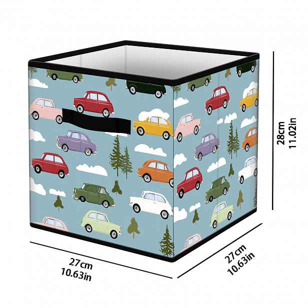 TEMU Skládací úložný koš - 27 cm x 27 cm x 28 cm, rodinný organizér, retro barevný koš s karikatury auta a lesních mraků, s vyztuženými úchyty. Pro