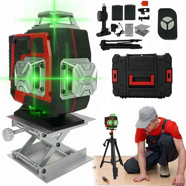 Křížový Laser Laserová Vodováha 16 Řádků Stativ 4D Zelený 2XAKU Sada
