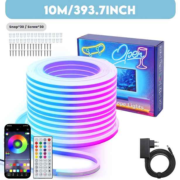TEMU RGB Neonový Světelný Pás, 40m/30m/20m/15m/10m/5m/2m RGB Neonový LED Pás s 44klávesovým Dálkovým Ovládáním, Nastavitelná Barva, Chytré Ovládání