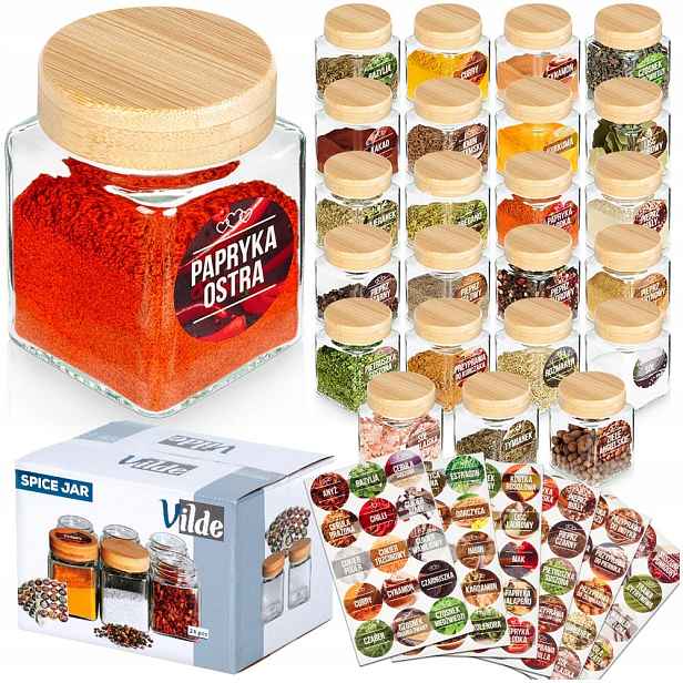 24 x Nádoby na kuchyňské koření, skleněné sklenice, sklenice etikety