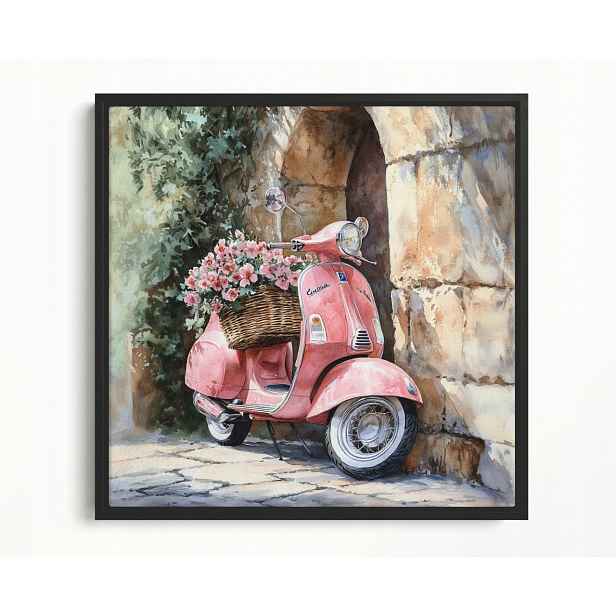 Obraz Rám American Box Růžový Skútr Vespa Květiny Zeď Vintage Retro 50x50