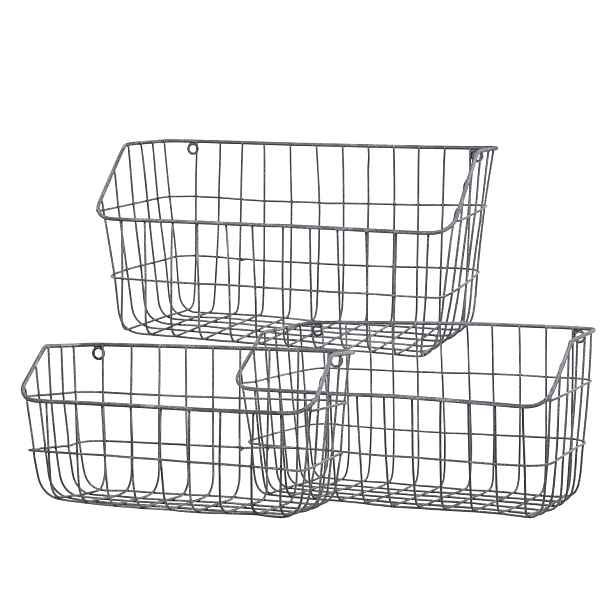 3ks zinkový antik nástěnný drátěný košík Fil de fer Basket - 40*19*20/ 35*17*19/ 30*14*15cm Chic Antique