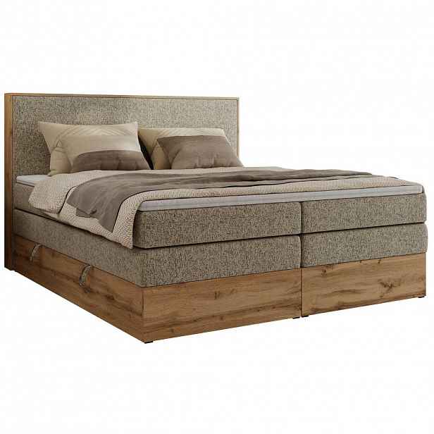 MKS POSTEL BOXSPRING WOOD CLASSIC KING 180/200 - Béžová Strukturovaná látka - H3