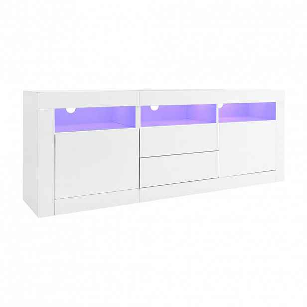 Modfu TV stolek z dřevotřísky 160x35x60 cm bílý s LED osvětlením, 2 dvířky, 2 zásuvkami