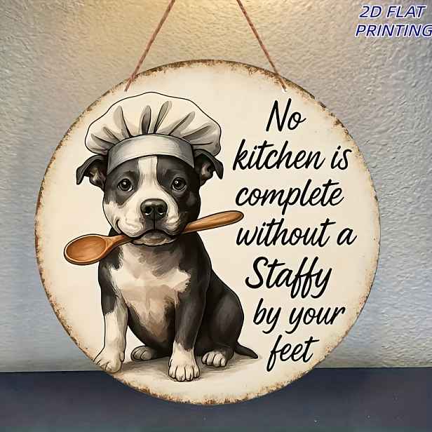 TEMU 2D Plochý, 2D Plochý Roztomilý Dřevěný Nápis s Tématikou Kuchyně pro Domácí Mazlíčky, "Šéfkuchař Staffordshire Terrier Vtipný Slogan Vintage