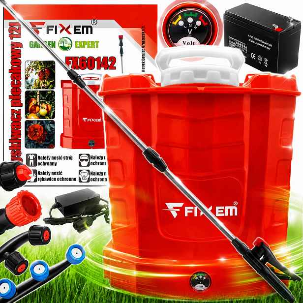 Akumulátorový zádový postřikovač Fixem 12L 12V s teleskopickou lankou
