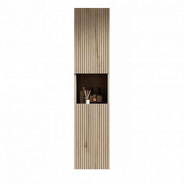 Modfu KOUPELNOVÁ závěsná skříňka z překližky výška 35x35x160 cm dub bílý se 2 dvířky, otevřenou přihrádkou a nastavitelnými policemi