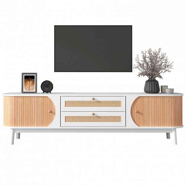 Redom TV stolek 170/39,5/46 cm s dvířky a zásuvkami, ratanovými detaily a úložným prostorem, Bílá