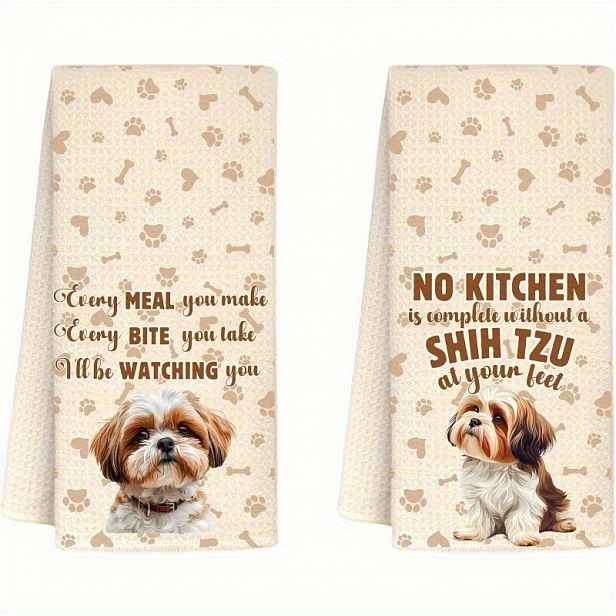 TEMU 2 ks 18x26 Palcové Kuchyňské Utěrky Shih Tzu - 100% Polyesterové Mikrovláknové Uteráky s Roztomilým Psím a Vtipnými Citáty, Pratelný Čajový