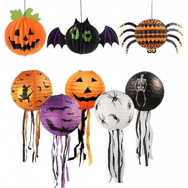 Lampiony Halloween 8 Kusů Papírové Pavouci Čarodějnice Lebky