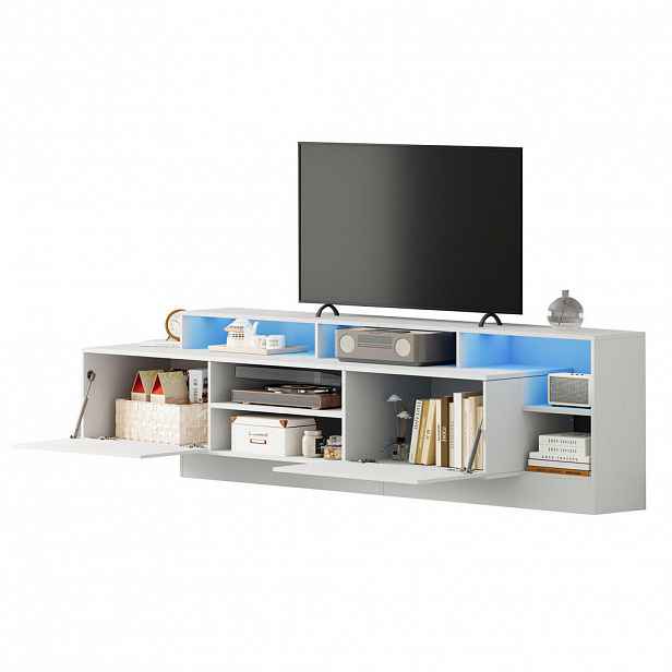 Modfu TV stolek z dřevotřísky 190x48,5x40 cm bílý s LED osvětlením, vysokým leskem a úložným prostorem