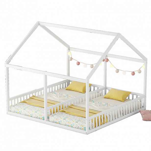 Redom DĚTSKÁ postel 90/200 cm s 2 lůžky, bezpečnostním zábradlím a domkem, Bílá