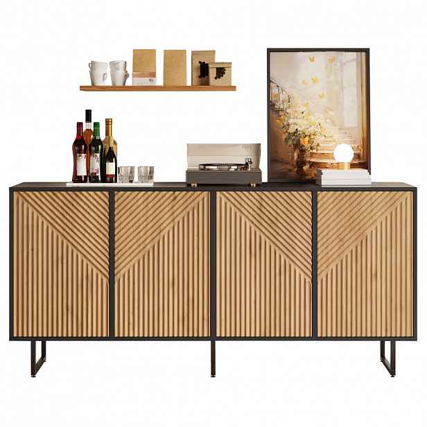Modfu KOMODA z dřevotřísky 160x40x75 cm v přírodním dekoru a černé barvě se 4 dvířky a 8 úložnými přihrádkami