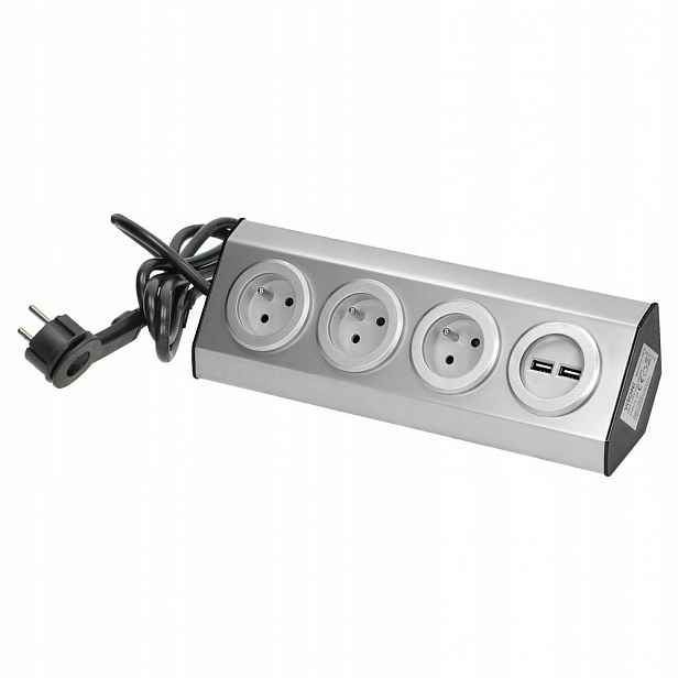 Nábytková zásuvka Inox 3x230V 2xUSB, na suchý zip, kabel 1,5 m