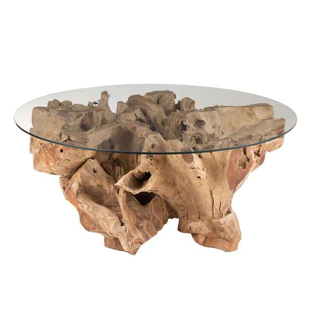 Přírodní coffee stůl z teakového dřeva a skleněnou deskou na kmeni Raoul teak - Ø100*45cm J-Line by Jolipa