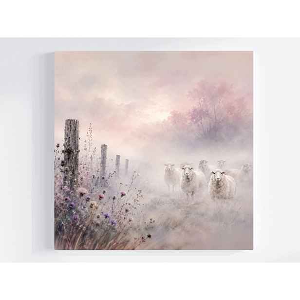 Obraz Na Plátně Canvas Louka Pole Květiny Bodlák Ovce Mlha Večer 50x50