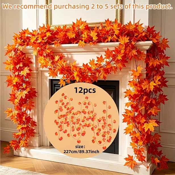 TEMU 12 ks, Celková délka přibližně 2724 cm / 1072,44 palců, Umělé javorové červeno-oranžovo-žlutý gradient, Pletivová podzimní závěsná javorová