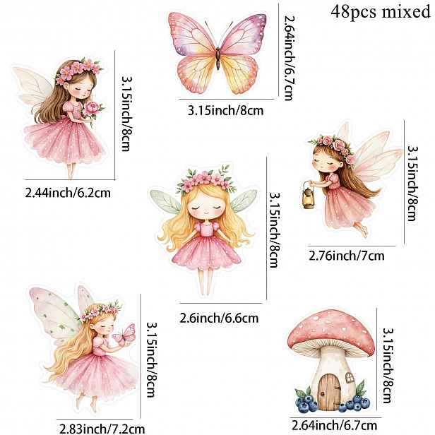 TEMU Dárek pro Ni/Něj 48ks/Sada Fairylady Růžová Série Lízátko (s Balením) Karty Kreslená Víla/ Motýl Papírové Karty pro Pohádkovou Narozeninovou