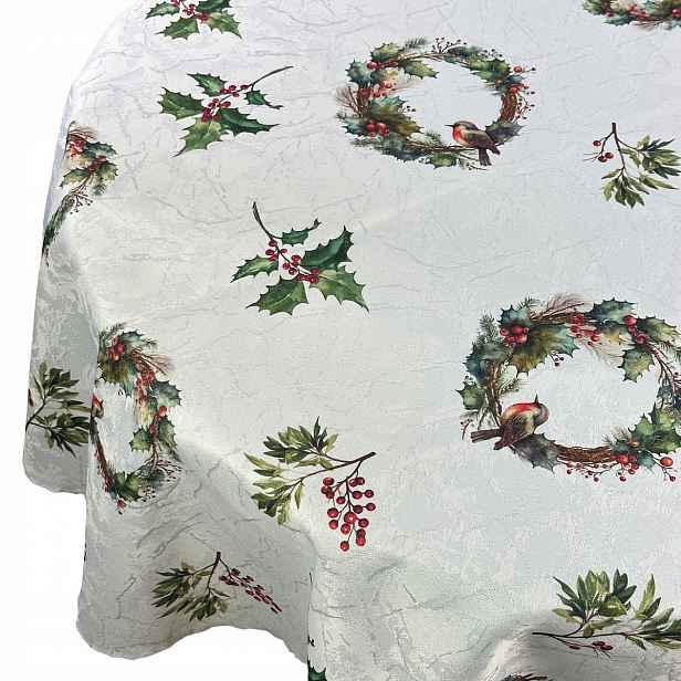 Vánoční ubrus odolný proti skvrnám, zimní, stříbrný věnec, průměr 160 cm