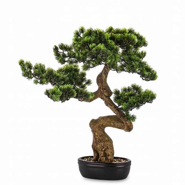 Dekorativní zelená rostlina v květináči, hnědá umělý květ stromek bonsai