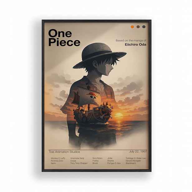 Obraz One Piece Luffy Loď Anime Plakát Rámeček Dřevěný Černý 30x42