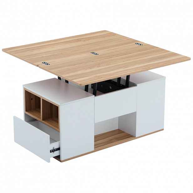 Redom KONFERENČNÍ stolek 100/51/47 cm s výškově nastavitelnou deskou, 2 zásuvkami a úložným prostorem, Bílá a žluto-hnědá