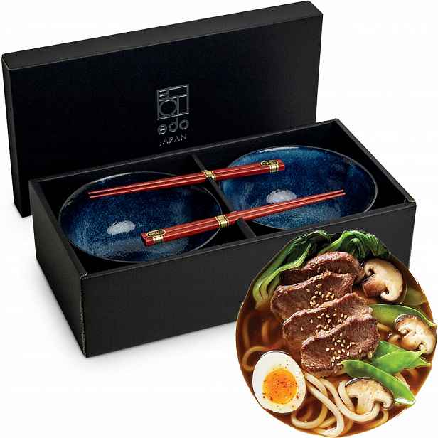 Sada modrých misek 17 cm na těstoviny Udon s tyčinkami Izayoi Edo