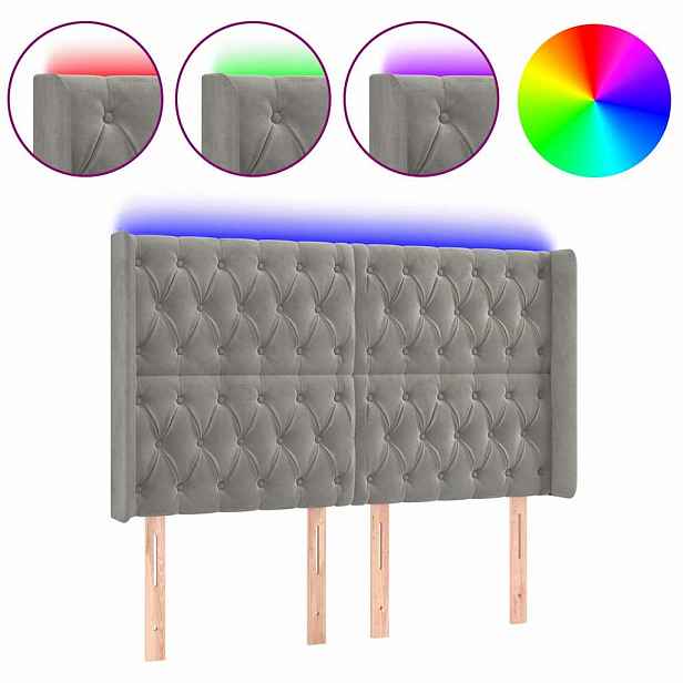 vidaXL Čelo postele s LED světle šedé 163 x 16 x 118/128 cm samet