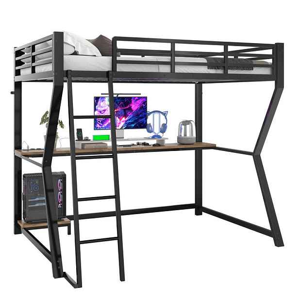 Modenvie VYSOKÁ postel 90/200 cm z kovu a MDF v černé barvě s LED osvětlením a psacím stolem