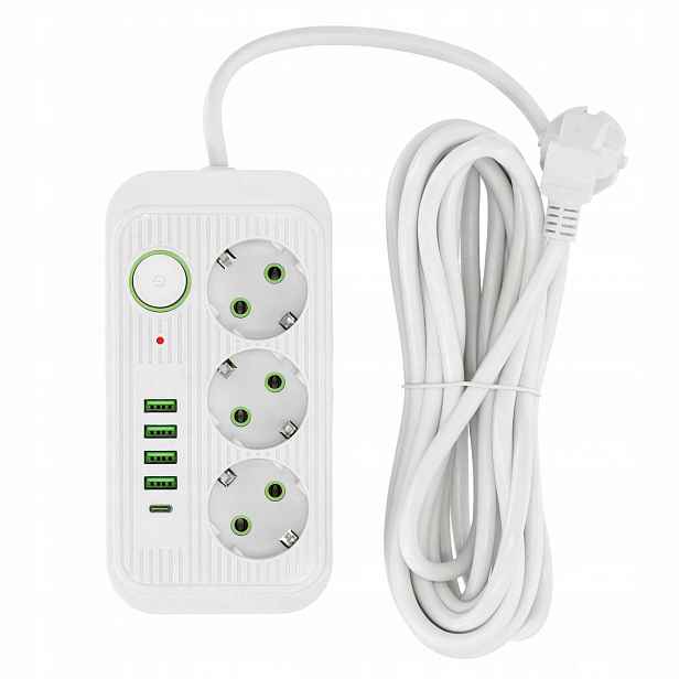 Prodlužovací Kabel Bílý 5 m 3gn 4x Usb-a Usb-c Zásuvková Lišta Vypínač
