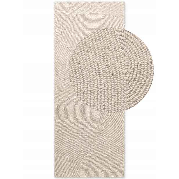 Koberec Běhoun vlněný do chodby 80x300 cm, krémový vzor s půlkruhy, 3D efekt