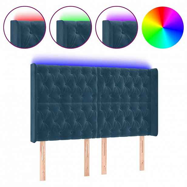 vidaXL Čelo postele s LED tmavě modré 163 x 16 x 118/128 cm samet
