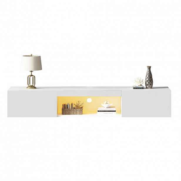 Modfu ZÁVĚSNÁ TV skříňka z dřevotřísky 160x31x22 cm bílá s LED osvětlením, Bluetooth ovládáním a vedením kabelů