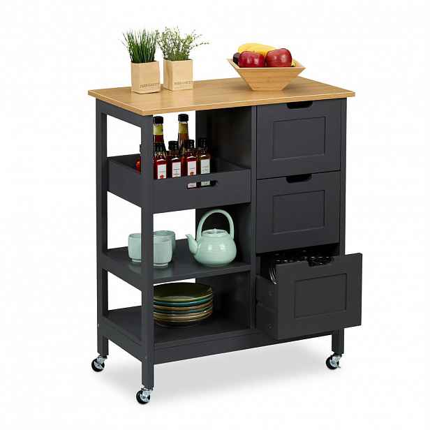 Relaxdays VOZÍK šedý kuchyňský s pracovní deskou 3 zásuvky 85 cm