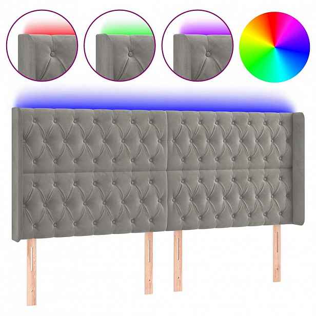 vidaXL Čelo postele s LED světle šedé 183 x 16 x 118/128 cm samet