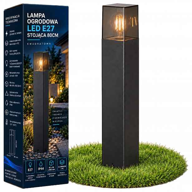 Stojací zahradní lampa s venkovním sloupkem E27 80 cm, čtvercová, černá, vyp2