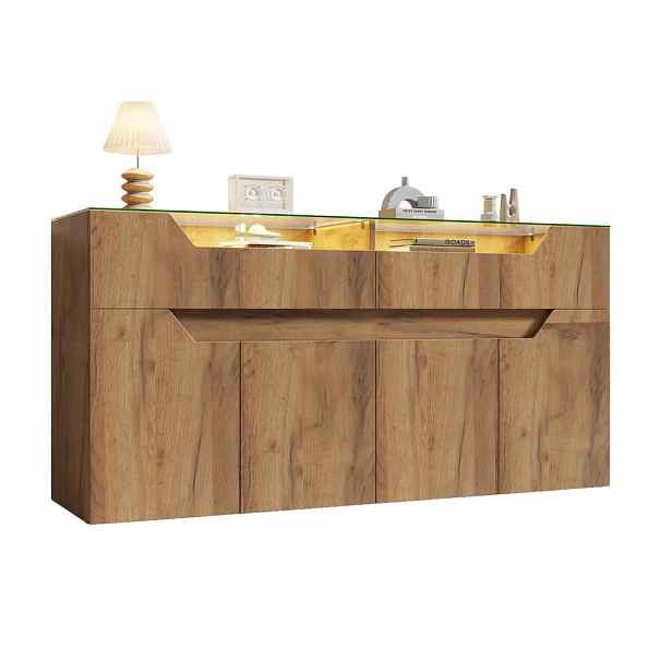 EVRYAE SIDEBOARD se zásuvkami, dvířky a skleněnou deskou přírodní vzhled dřeva, MDF robustní moderní všestranný