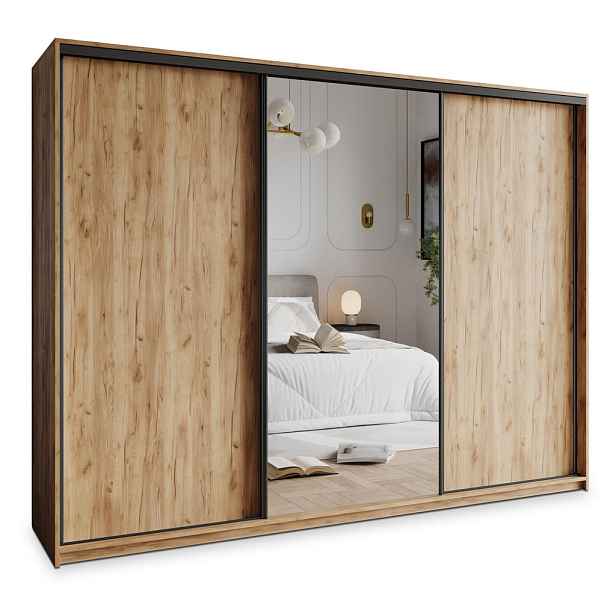 MASSENO ŠATNÍ SKŘÍŇ S POSUVNÝMI DVEŘMI TAVI, 250/205/60 cm 3dveřová se zrcadlem a zásuvkami, dub Craft zlatý
