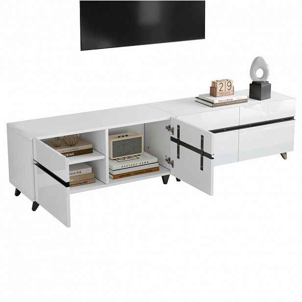 Redom TV stolek 180/40/49 cm s vysokým leskem, 4 skříňkami, nastavitelnými přepážkami a 8 nohami, Bílá