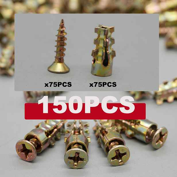 TEMU Sada 150 ks: 75 šroubů + 75 rozpěrných trubiček, 6×14mm krátké rozpěrné šrouby, závitové šrouby na dveřní panty, samořezné vroubkované rozpěrné
