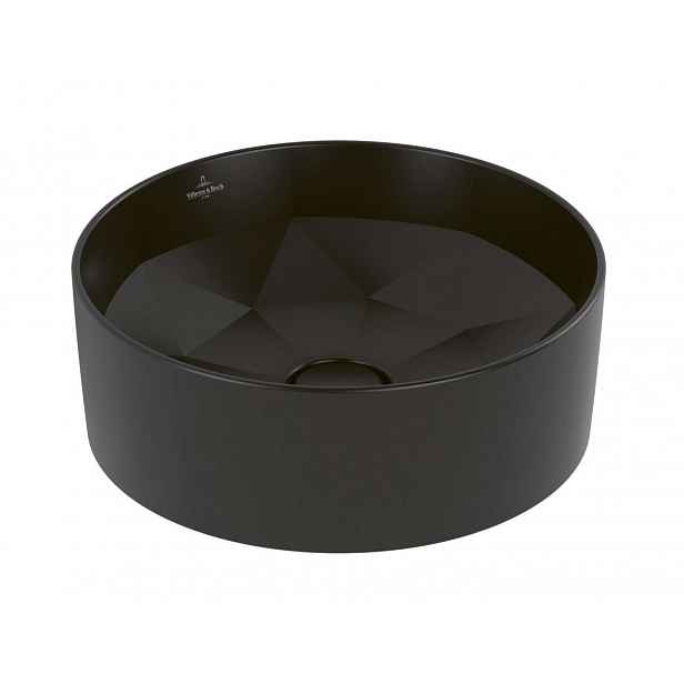 Villeroy & Boch Octagon - Umyvadlo na desku, průměr 42 cm, bez přepadu, bez otvoru pro baterii, CeramicPlus, Pure Black 5A5640R7