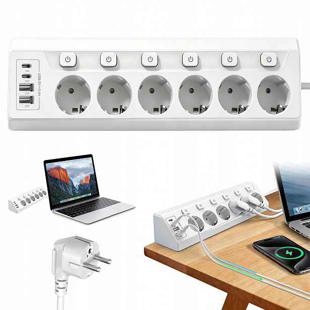 Prodlužovací Kabel Zásuvková Lišta Vypínač 4x Usb 6 Zásuvek 2 m 3680W 230V