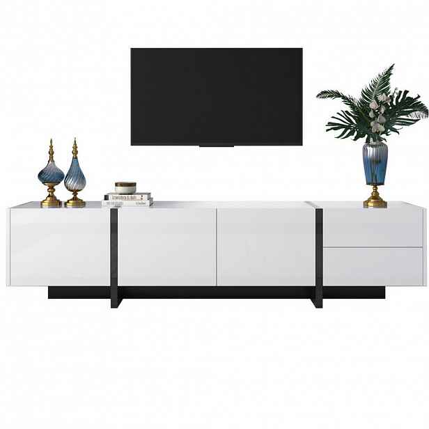 Redom TV stolek 190/45/35 cm s vysokým leskem, 3 dvířky, 2 zásuvkami a policemi, Bílá a černá