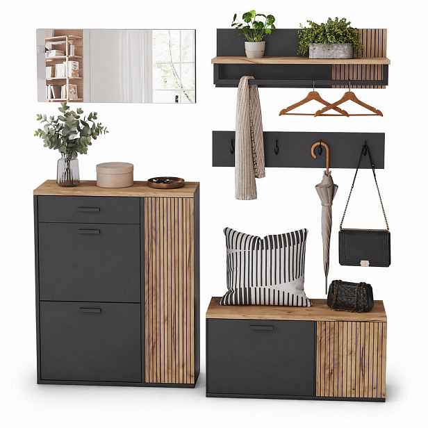 STILVORA GARDEROBNÍ SET černý se skříní na boty, zrcadlem a háčky, nábytek do předsíně s úložným prostorem, 85 × 36 × 85 cm