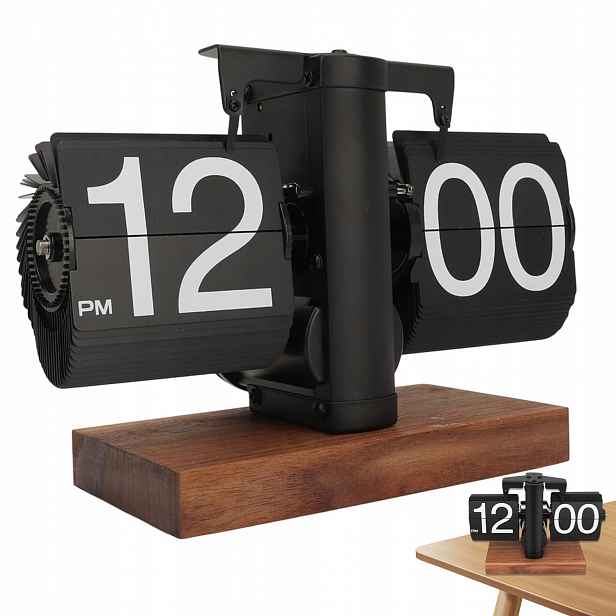 Mechanické Klapkové Hodiny Retro Flip Clock Černé Dřevěná Základna