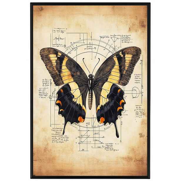 Plakát Rámeček Hliníkový Grafika Styl Da Vinci Motýl Papyrus Kresba 40x60